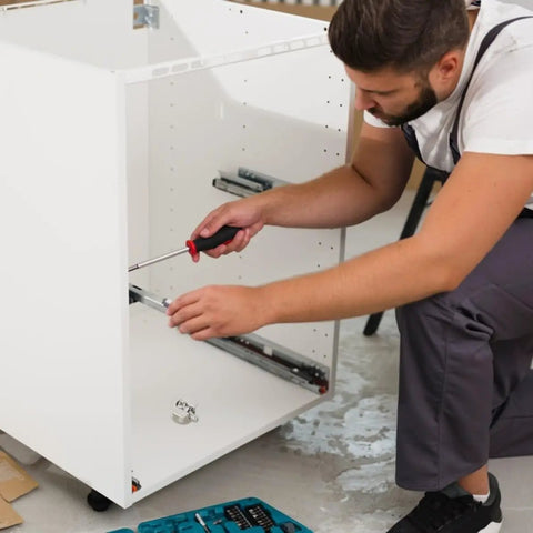 Person installing 10Pcs Zinc Alloy Cabinet Shelf Pins With Flush Screws And Tarnish Resistant Finish 3-In-1 Connecting Dowels.