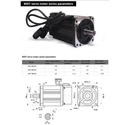 Front-right view of a 750W 220V AC servo motor with protruding shaft and bundled cables.