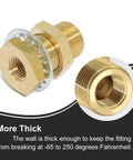 Beefy Brass Bulkhead Fittings 1/4 NPT Female To 1/4 NPT Female Straight Connector with 3/4-16 UNF threads, close-up view.