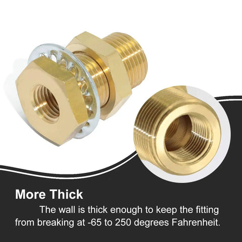 Beefy Brass Bulkhead Fittings 1/4 NPT Female To 1/4 NPT Female Straight Connector with 3/4-16 UNF threads, close-up view.