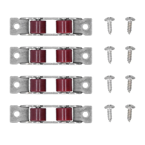 Rugged Stainless Steel Double Wheel Sliding Window And Door Roller Pulley 4 Pack, featuring nylon wheels and mounting screws.
