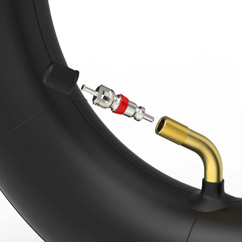 Close-up of 3.00 8 Inner Tube With TR87 Angled Stem and valve for wheelbarrows lawn mowers go karts universal 8 inch rim replacement tube.