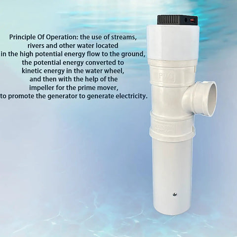 50W Pipeline Spiral Hydroelectric Generator for outdoor power and lighting with text about energy conversion process