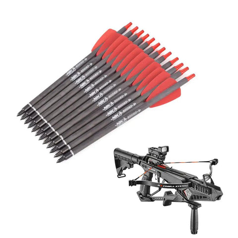 7.5 Inch R9 Crossbow Bolts Carbon Arrows With 2 Inch Red Vanes And 100 Grain Tips for hunting, shown with COBRA SYSTEM R9 crossbow