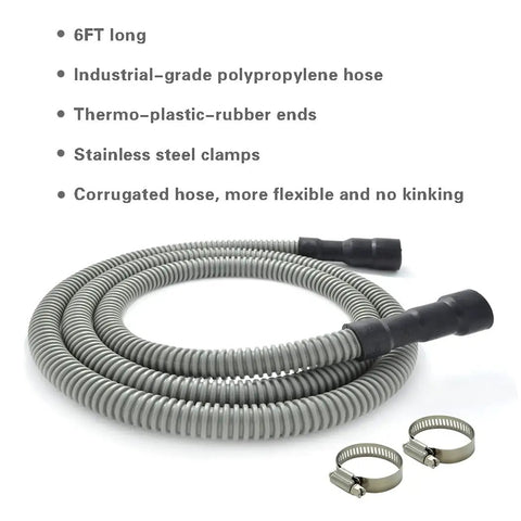 Six Foot Universal Dishwasher Drain Hose With No Fuss Trim To Fit Eleven Sixteenth Inch Or One And One Eighth Inch Dishwasher End And Five Eighth Inch Three Quarter Inch Or One Inch Sink Or Garbage Disposal End With Stainless Steel Clamps, coiled with clamps