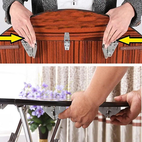 Heavy Duty Iron Drop Leaf Table Hinges Spring Loaded 2 Pack In Yellow Metallic Finish For Sturdy Durable Fold Out Leaves Tough As Nails For DIY Table Repair And Upgrades installed on wooden drop leaf table