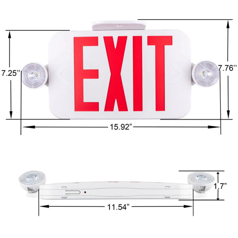 Smooth Running Exit Sign And Emergency Light Featuring Rock Solid Battery Backup Lasts Ninety Minutes Through Power Drops Dual Adjustable Led Heads, front and side view with dimensions.
