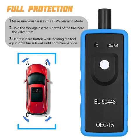GM TPMS Relearn Tool EL50448 Easy Plug And Play Tire Pressure Sensor Relearn, Battery Powered, Portable Blue Handheld Diagnostic For GM Vehicles, Quick Sensor ID Relearn, No Fuss, Reliable. Blue EL-50448 handheld TPMS relearn tool with vehicle and tire positions