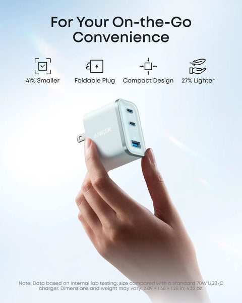 Three Port USB C Charger With 70W Max Per Port And Type C PD Fast Charging For MacBook Pro And Other Laptops Travel Friendly Ultra Compact Keeps Devices Powered On The Go, 2.09 x 1.68 x 1.24 in, foldable plug
