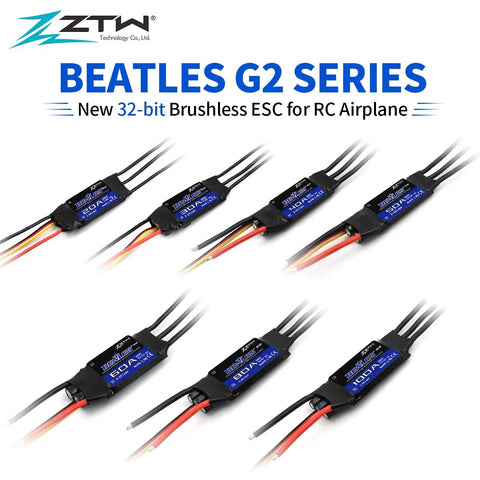 Six Beatles G2 30A ESC units for RC planes, shown with wires, designed for fixed wing aircraft, featuring built-in switching BEC.