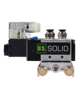 Front view of 4V210-08 Beefed-Up Four Valve Pneumatic Solenoid Assembly One Quarter Inch NPT Two Position Five Way Valve Block With Base Mount DC Twelve Volt Operation Compact Manifold Kit For DIY Projects And Industrial Pneumatic Systems showing US Solid brand label