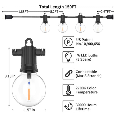 Outdoor String Lights 150Ft IP65 Waterproof With 76 G40 Shatterproof Edison Bulbs diagram and specifications
