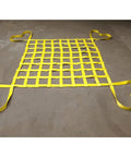 Rock Solid Heavy Duty Lifting Sling Net With Rugged Nylon Webbing For Safe Truck Trailer Towing And Equipment Rigging That Handles Three Tons Without Sweating In Rough Conditions While Keeping Gear Locked Tight On Every Daily Grind Project. Yellow woven nylon sling net laid flat.