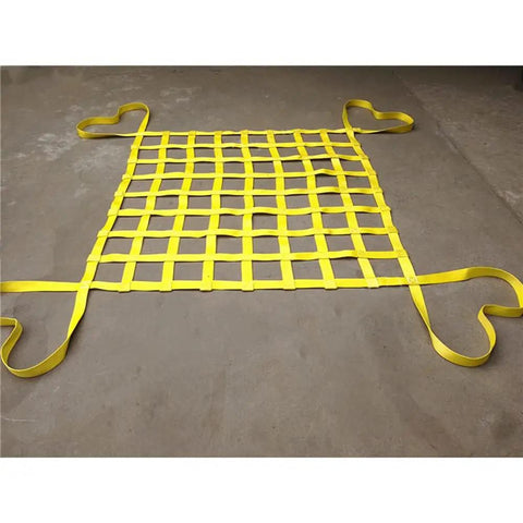 Rock Solid Heavy Duty Lifting Sling Net With Rugged Nylon Webbing For Safe Truck Trailer Towing And Equipment Rigging That Handles Three Tons Without Sweating In Rough Conditions While Keeping Gear Locked Tight On Every Daily Grind Project. Yellow woven nylon sling net laid flat.