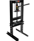 Front view of 6 Ton Hydraulic Shop Press with Adjustable Worktable and Stamping Plates, a floor standing H-frame for auto repair and metal work.