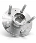 Front view of a metal 5-lug wheel bearing hub assembly compatible with Cadillac CTS, XTS, Camaro, and Impala models.