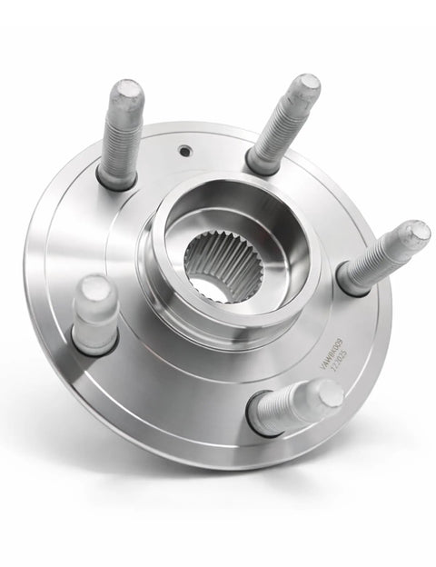 Front view of a metal 5-lug wheel bearing hub assembly compatible with Cadillac CTS, XTS, Camaro, and Impala models.