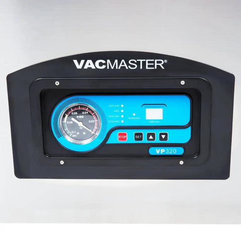 Control panel of Rock Solid Pro Chamber Vacuum Sealer For Food Prep Pros Heavy Duty Tabletop Packing Machine with gauges and buttons.