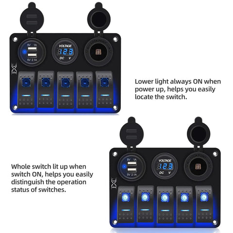 Waterproof 5 Gang Rocker Switch Panel with aluminum body for 12V to 24V boats cars RVs and trucks includes Dual USB Socket Volt Meter and Bright Blue LED Indicator shown powered on and off with labeled features.