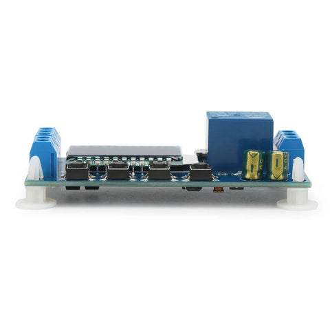 Front view of Time Delay Timer Relay with LCD Display for 5V 12V 24V Systems, showing components and micro USB power input