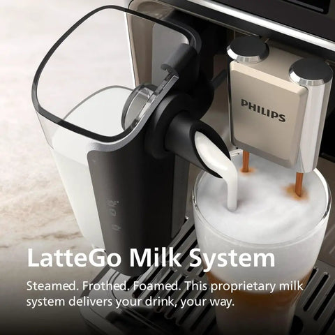 Close-up of the LatteGo milk system on the 5500 Series Fully Automatic Espresso Machine With LatteGo Milk System Integrated Grinder.