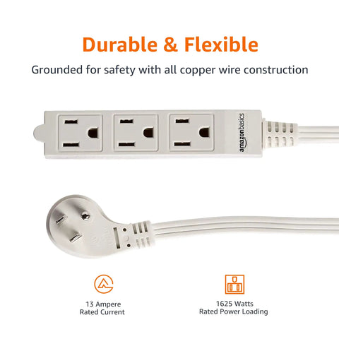 Two Pack Flat Plug Power Strips With Grounded Three Prong Outlets 3 Ft Indoor Extension Cords White Space Saving Design