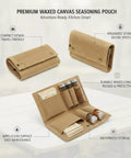 Roll Style Spice Organizer For Camping And Travel Kitchens Portable Seasoning Pouch Waxed Canvas Keeper on table