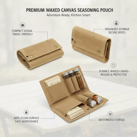 Roll Style Spice Organizer For Camping And Travel Kitchens Portable Seasoning Pouch Waxed Canvas Keeper on table
