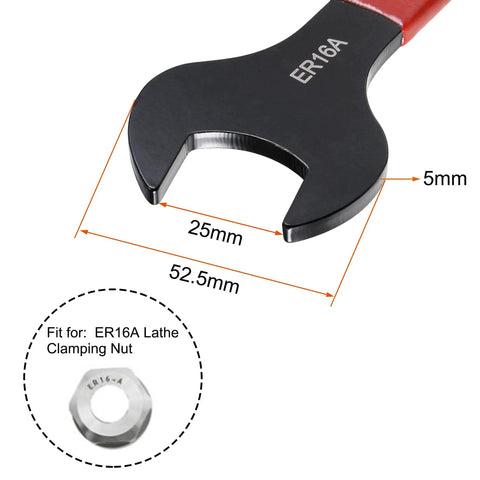 Collet Chuck Wrench Spanner For ER16A Lathe Clamping Nut With Red Non Slip Handle close-up showing dimensions and fit.