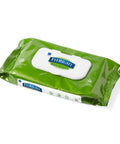 Aloe Infused Adult Incontinence Cleansing Wipes, Large 8x10 Inches, Pack of 48, No Rinse Formula, shown in green packaging.