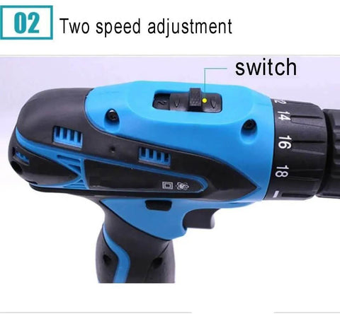 Built Tough Heavy Duty Cordless Lithium Hammer Drill And Impact Driver Set With Smooth Variable Speed Control features a two-speed adjustment switch.