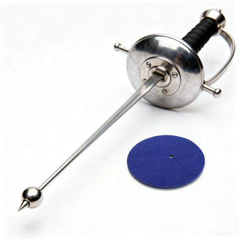 Blue Wool Felt Fencing Hand Guard Pads Replacement For Amped Up Safety, shown with fencing sword for training gear use.