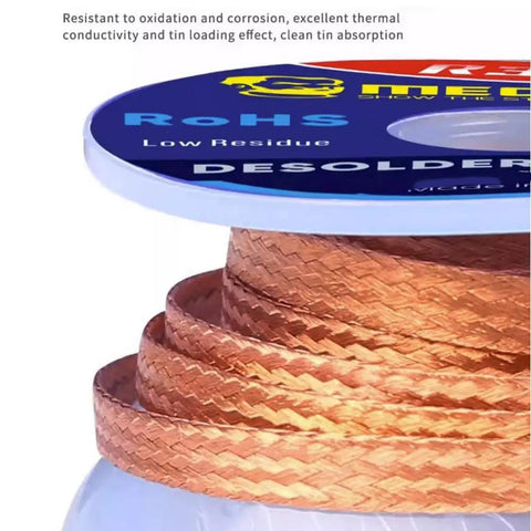 Desoldering Wick Braid With Flux For No Clean Soldering, 5 Ft Length, 4 mm Width, Copper Solder Wick Roll displayed on spool.