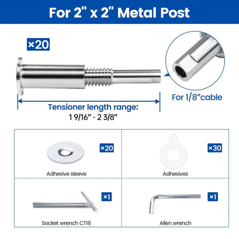 Invisible Cable Railing Kit 20 Pack With Hidden Tensioner And Hand Swage For 2 By 2 Inch Metal Posts In T316 Stainless Steel Deck Cable Railing System CB40 Built For Outdoor Use components shown.