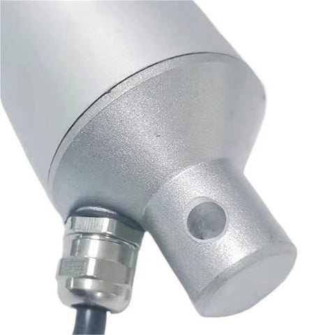 Close-up of heavy duty electric linear actuator connector, showcasing metal finish and attachment point for seamless operation.