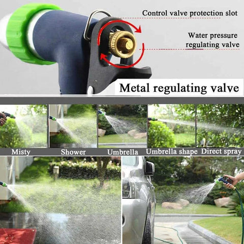 Heavy Duty Stainless Steel Garden Hose Reel Wall Mounted Retractable Anti Kink Water Pipe Holder For Yard Chores And Car Washing Smooth Pull Design showing metal regulating valve and spray patterns.