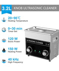 Heavy Duty 3 Liter Stainless Steel Ultrasonic Cleaner With 180 Watt Heating And Programmable Timer features control knobs and specifications.