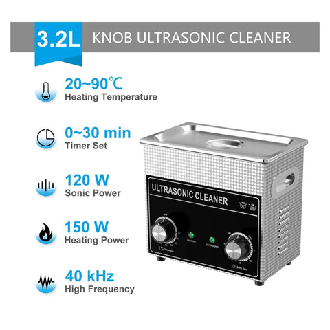 Heavy Duty 3 Liter Stainless Steel Ultrasonic Cleaner With 180 Watt Heating And Programmable Timer features control knobs and specifications.