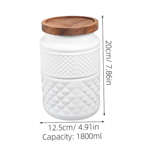 Two Pack Glass Storage Jars With Secure Airtight Lids For Coffee Beans And Dry Goods Keeps Your Stash Locked Down Tight, white jar with wooden lid.
