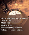 14 Piece Pocket Watch Key Set With Solid Brass Winding Keys And Nickel Barrel Finish Includes Numbers 00 Through 12 Vintage Style Clock Winder Kit For Collectors And Clock Nerds shown with brass pocket watch.