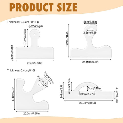 Five Piece Router Template Set featuring Curvy Charcuterie Handle Stencils dimensions and sizes for woodworking projects.