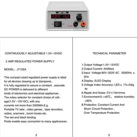 Adjustable DC Power Supply With Digital Display Regulated Bench Lab PSU Variable Output 1.5V To 15V 2A Max Wide 90V To 253V AC Input Compact