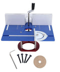 Top Shelf Aluminum Router Lift Base Height Adjustable Manual Woodworking Table with blue surface and stainless steel accessories.