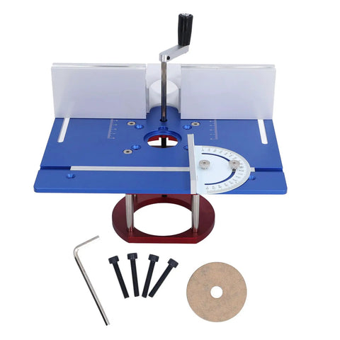 Heavy Duty Manual Lift Router Table Kit With Blue Aluminum Base Plate For 64 To 66 Mm Motors on workbench with accessories.