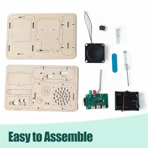 DIY Walkie Talkie Kit For Kids And Teens Hands On Electronics STEM Project components with wooden panels and circuit board