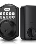 TEEHO TE001 two-piece keypad deadbolt lock set in matte black; front keypad unit and interior turn-knob lock.