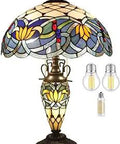 Blue Tiffany Style Stained Glass Lotus Table Lamp With Mather Daughter Glass Vase Night Light Antique Bronze Finish UL Listed