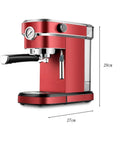 Heavy Hitter 1.1L Semi Automatic Espresso Coffee Maker With 850W Motor And 15 Bar Pressure in bold red, side view showing dimensions.