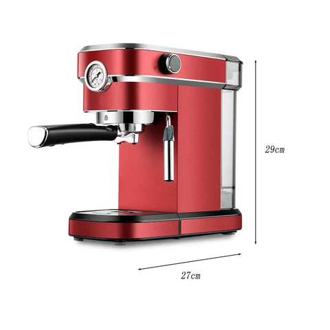 Heavy Hitter 1.1L Semi Automatic Espresso Coffee Maker With 850W Motor And 15 Bar Pressure in bold red, side view showing dimensions.