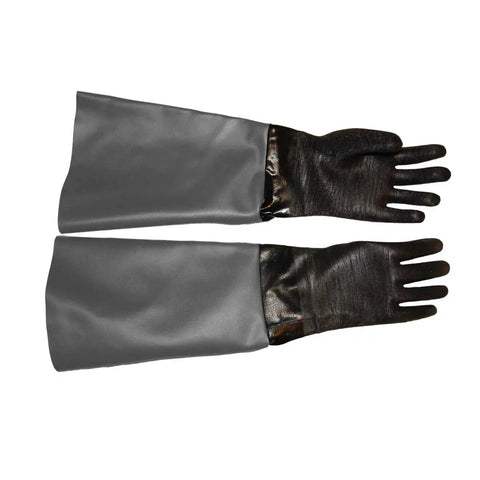 Beefed Up Sandblasting Glove Set for 7 Inch Port Cabinets, 26 Inch Neoprene Sleeves, cotton lined gloves shown on white background